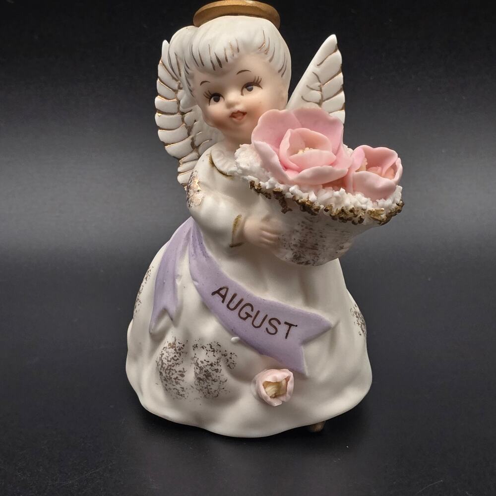 Lefton August Birthday Angel Ceramic Vintage 1950s Pink Flowers